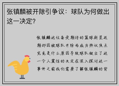 张镇麟被开除引争议：球队为何做出这一决定？